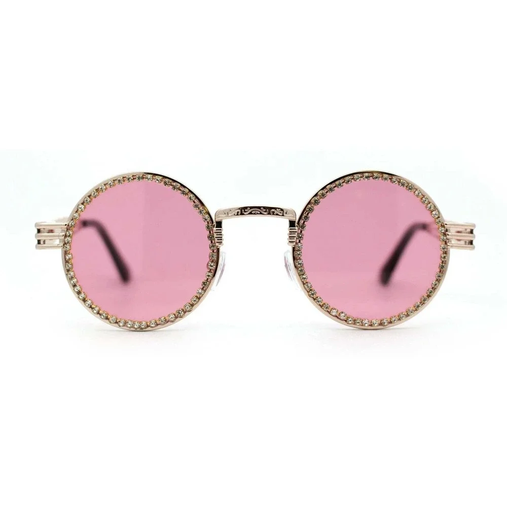 Rhinestone Sunglasses Round Pink Lens Gold Frame Fashion Statement Classic Retro